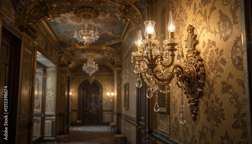 Elegant Crystal Wall Sconce in a Gilded Hallway Interior Luxurious Palace Decor