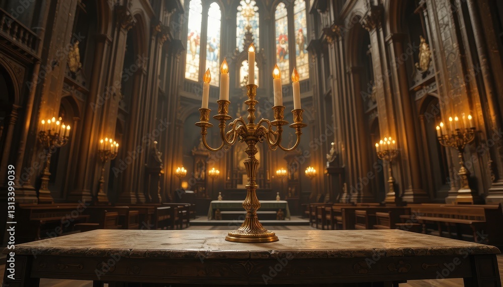 Fototapeta premium Elegant Gold Candelabra on Table in Historic Church Interior