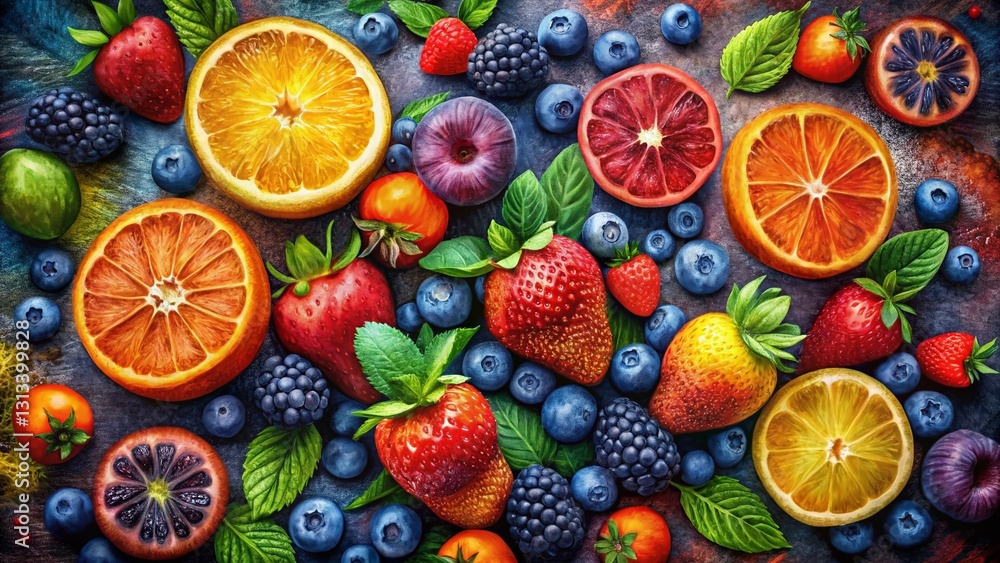 Vibrant Fruit Chalk Spray Paint Texture Panoramic Design - Stock Photo Vibrant Fruit Chalk Spray Paint Texture Panoramic Design - Stock Photo