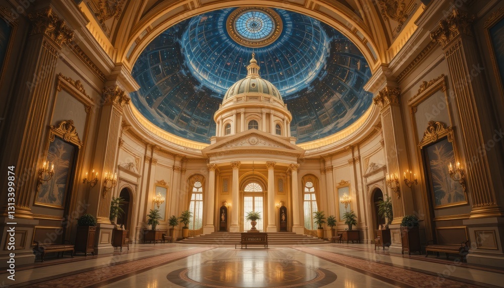 Obraz premium Grand Hall Interior Design Luxurious Golden Palace with Celestial Dome