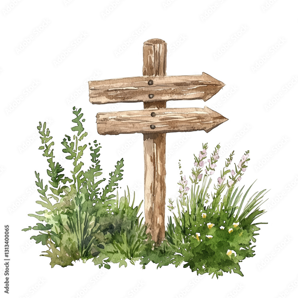 Wooden Directional Signpost Surrounded by Greenery Wooden Directional Signpost Surrounded by Greenery