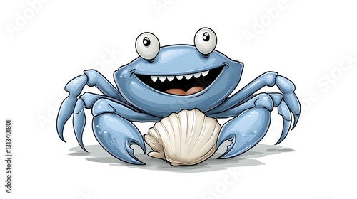 Playful Blue Crab Cartoon Illustration Holding Seashell
