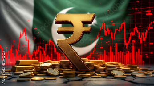 Pakistan bar chart graph, decreasing values, crisis and downgrade concept, Pakistan flag on bar graph, down arrow on data, news banner idea, fail and decrease, financial statistic
