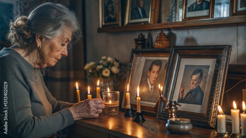 Elderly woman light candles home altar framed photos loved ones Warm lamplight incense smoke quiet reflection