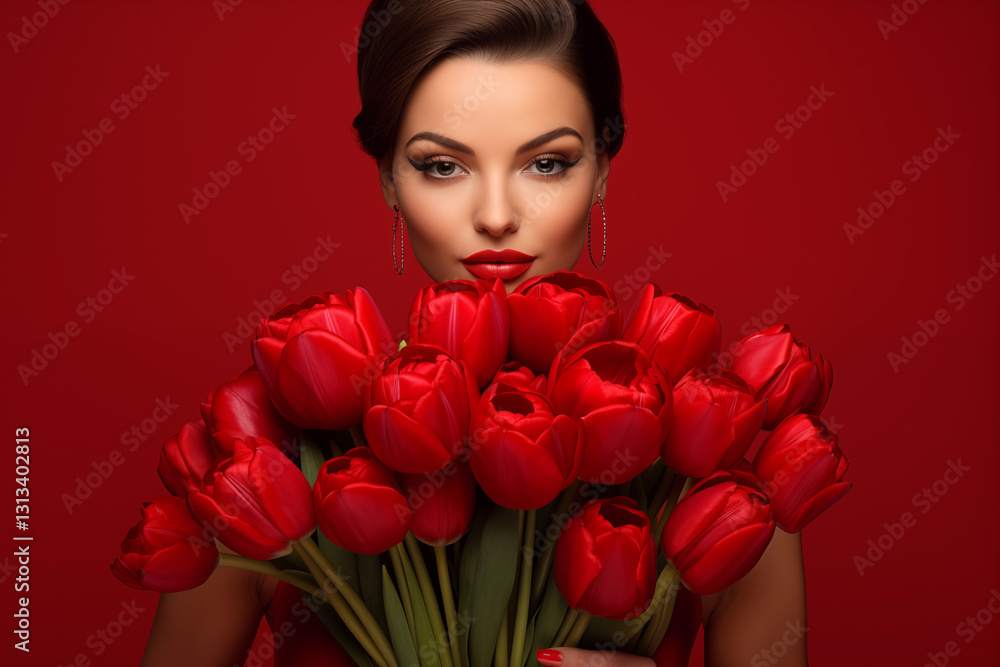 Studio portrait of beautiful woman on colour background holding tulips flowers Studio portrait of beautiful woman on colour background holding tulips flowers