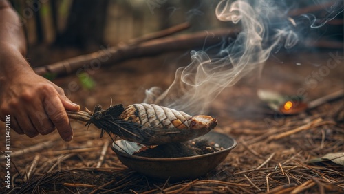 Indigenous smudge ceremony Person burn sage seashell smoke waft woodland clear Earthy natural