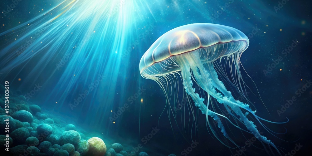 Naklejka premium Jellyfish floating in the ocean with bioluminescent organisms, jellyfish, glowing creature, oceanic beauty, marine life