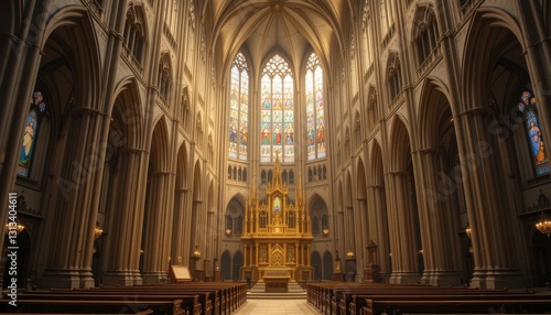 Majestic Cathedral Interior Sunlight Illuminates Gothic Architecture and Stained Glass Windows