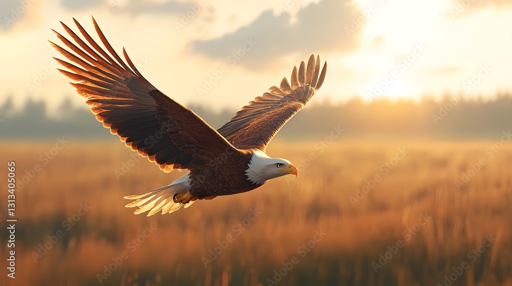 Fototapeta premium Majestic Bald Eagle Soaring Over Golden Sunrise Field