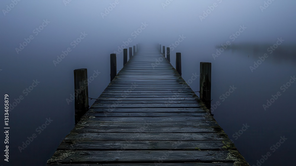 Fototapeta premium Serene Foggy Pier Extending Into Mysterious Misty Landscape