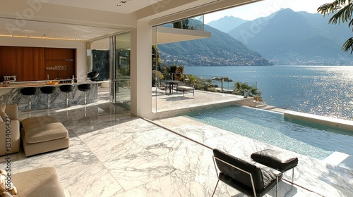 Luxurious lakefront home interior with outdoor pool