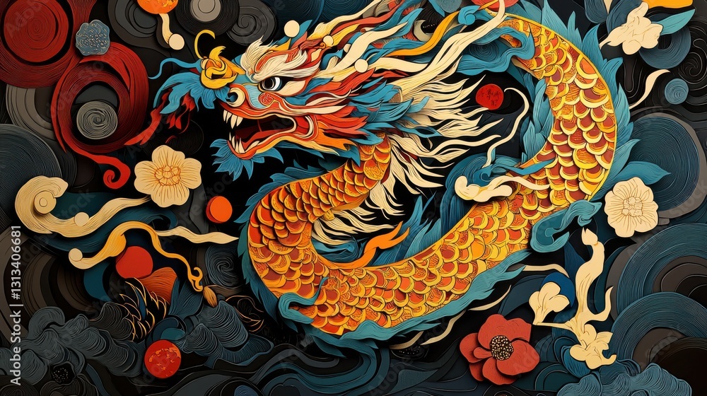 Majestic Dragon and Colorful Fish Swimming in Vibrant Fantasy Waters Majestic Dragon and Colorful Fish Swimming in Vibrant Fantasy Waters