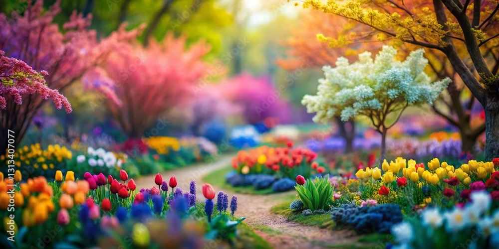 Obraz premium Vibrant Spring Botanical Garden, Miniature Tilt-Shift Illustration