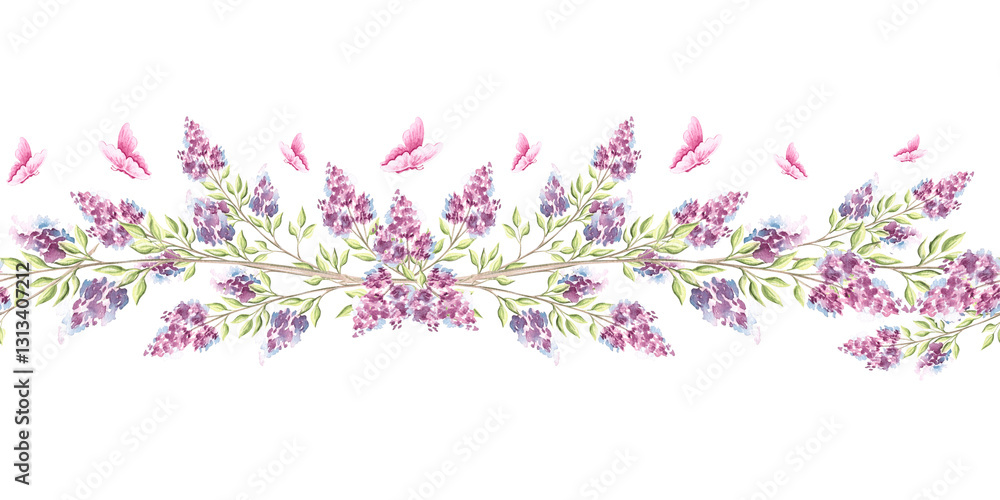 Fototapeta premium Lilac flowers sprigs with green leaves and butterflies. Seamless border. Hand drawn watercolor illustration isolated. Summer frame. Floral horizontal banner. Floral template for wallpaper, textile.
