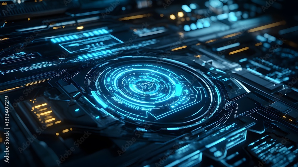 A complex technological interface with vibrant blue glowing elements