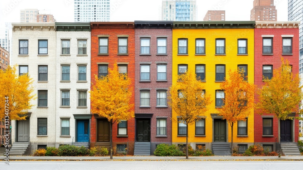 Fototapeta premium Autumnal rowhouses create colorful cityscape vibrancy with falling foliage and urban architecture adding picturesque neighborhood charm