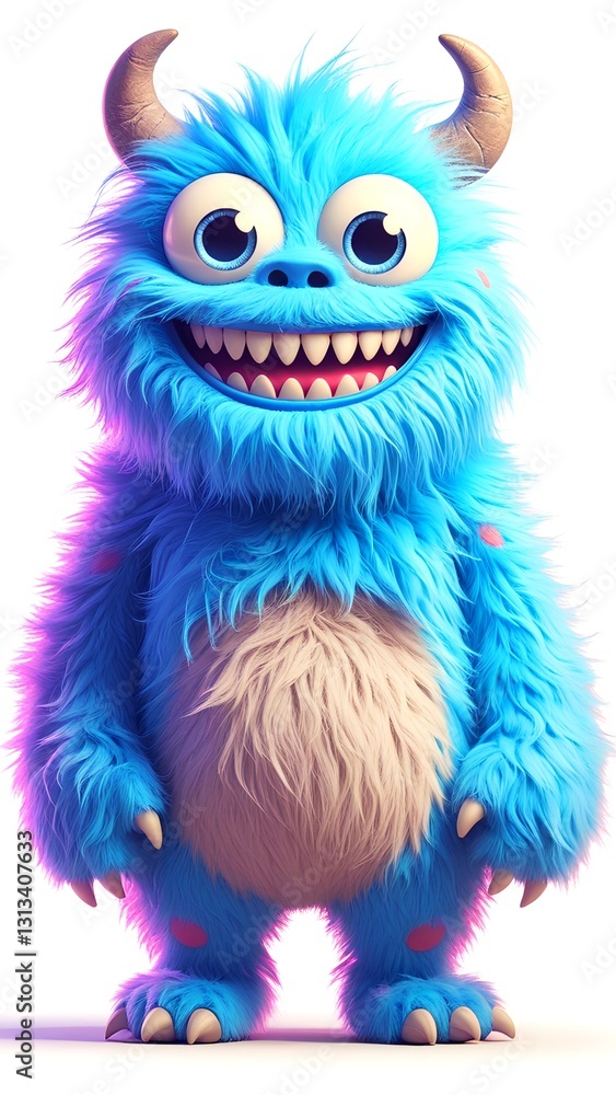Naklejka premium A friendly, bright blue monster with horns and a big smile.