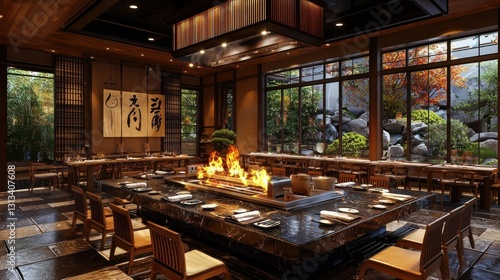 Japanese restaurant, teppanyaki, warm interior, garden view photo