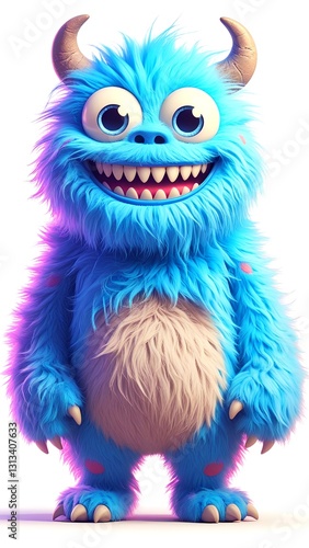 A friendly, bright blue monster with horns and a big smile.