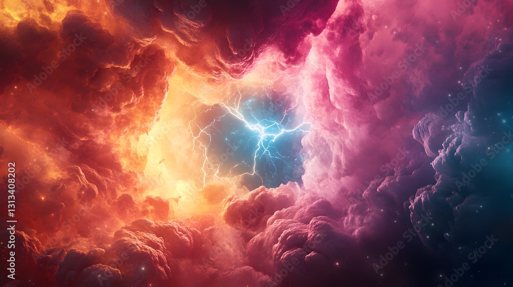 Colorful clouds surround a bright electrical lightning strike in sky Colorful clouds surround a bright electrical lightning strike in sky