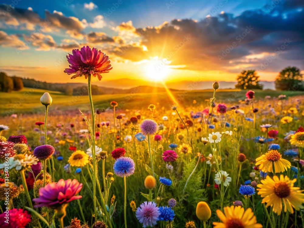 Fototapeta premium Vibrant Wildflower Meadow Landscape at Sunset, Blooming Flower Heads