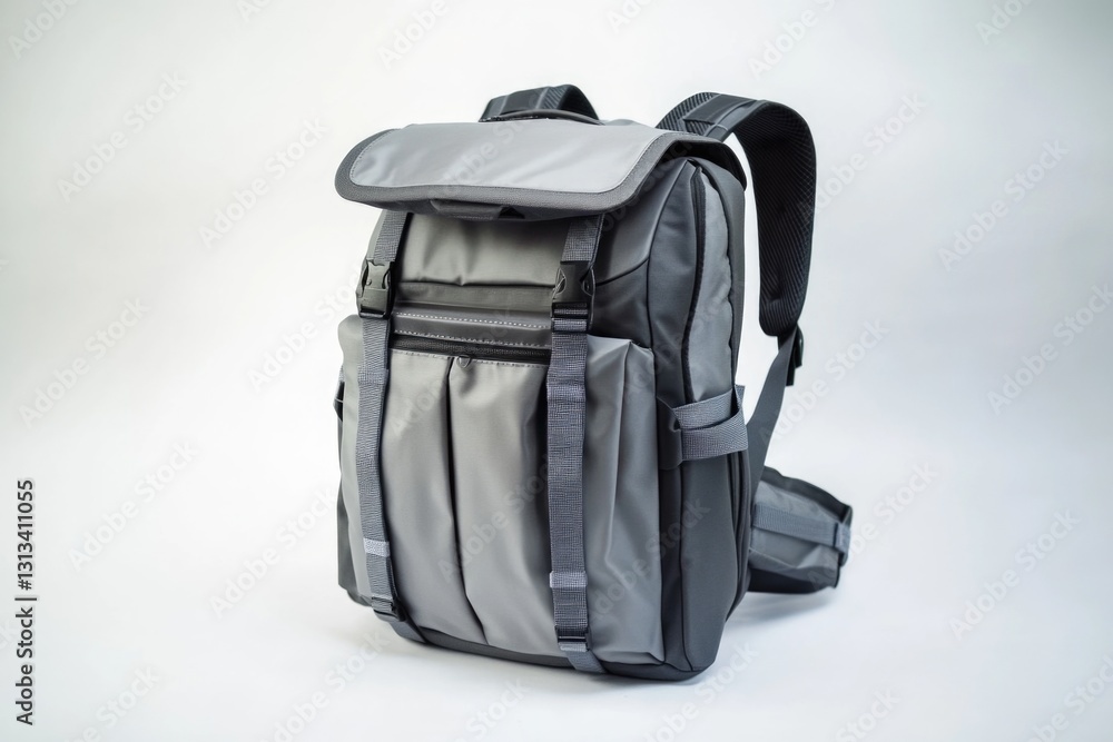 Naklejka premium A compact and versatile backpack in a gray color, ideal for travel, hikes, or as an everyday carrier.
