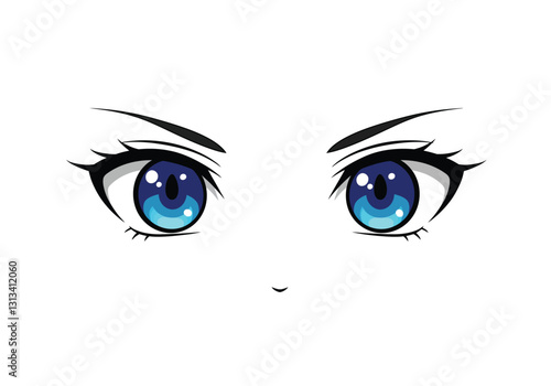 Anime eyes clipart. The image features stylized anime eyes with large blue irises, shiny highlights, and detailed lashes. Vector illustration design.