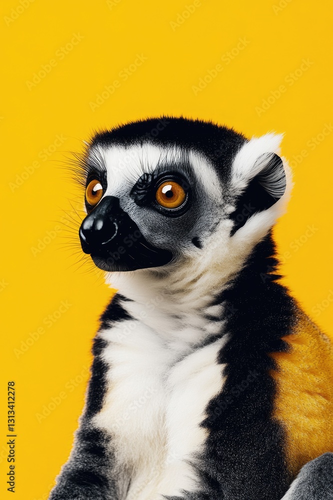 An image of a lemur with striking orange eyes sitting on a yellow background, providing an eye-catching contrast against the monochrome backdrop. An image of a lemur with striking orange eyes sitting on a yellow background, providing an eye-catching contrast against the monochrome backdrop.