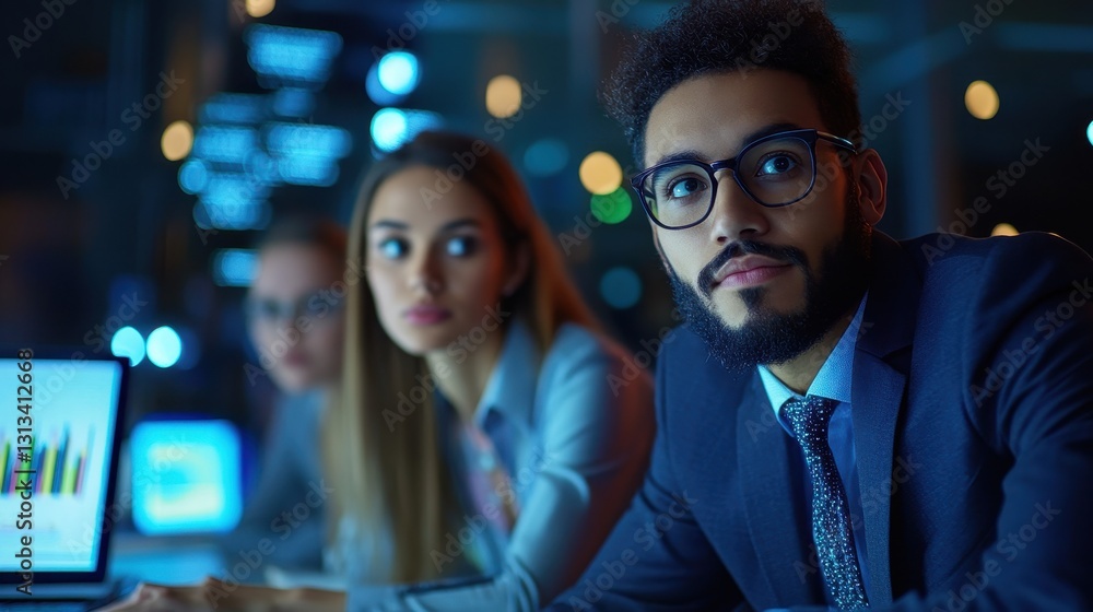 Professional Business Team Analyzing Data in Modern Office Setting Professional Business Team Analyzing Data in Modern Office Setting