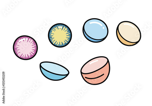 Contact lenses clipart. This image shows various colorful contact lenses in different shapes and colors. Vector illustration design.