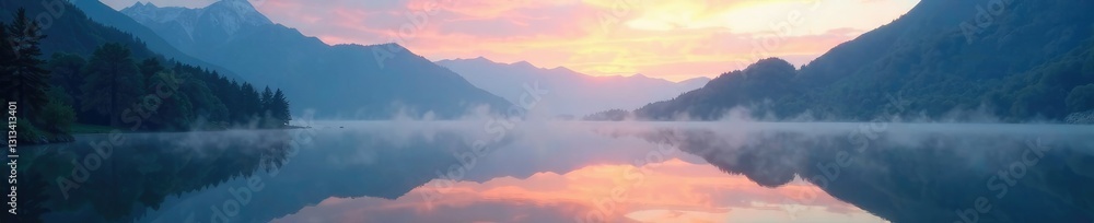 Fototapeta premium misty mountain lake reflected in calm water at dusk, peaceful, nature