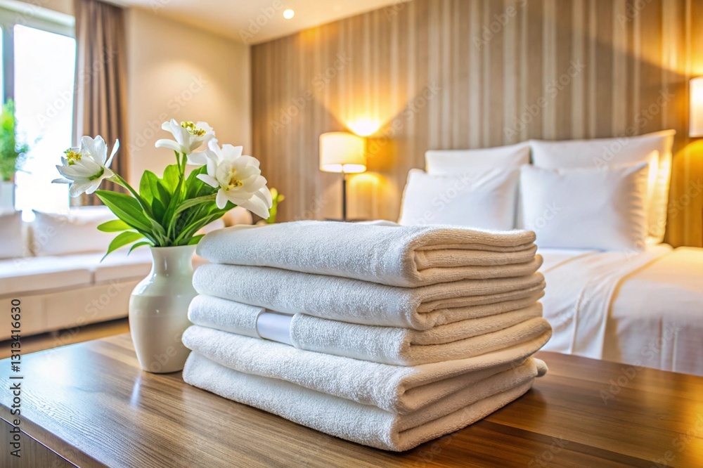 A stack of white towels is on top of a bed in a hotel room A stack of white towels is on top of a bed in a hotel room