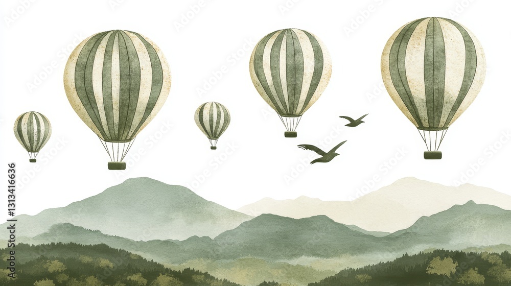 Obraz premium Dreamy hot air balloons over misty mountains illustration vintage adventure travel exploration flight freedom peace scenery serenity