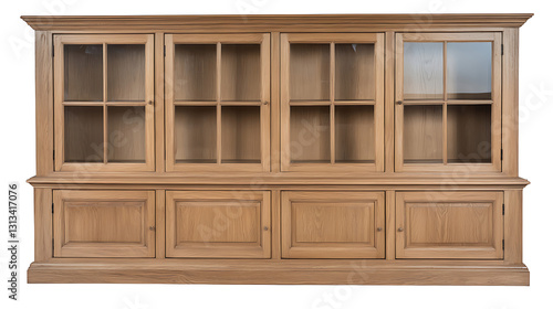 A large wooden cabinet with many glass doors