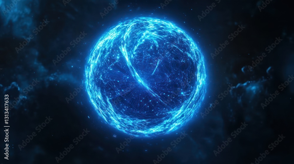 Abstract glowing blue sphere in cosmic space. Potential use Science fiction, space exploration, abstract art Abstract glowing blue sphere in cosmic space. Potential use Science fiction, space exploration, abstract art