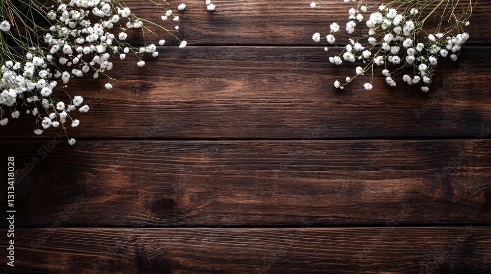 Delicate white flowers arranged on a rustic brown wooden surface Delicate white flowers arranged on a rustic brown wooden surface