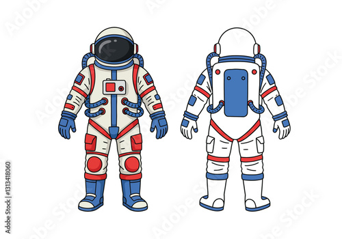 Astronaut suit clipart illustration design. Front and back view of a detailed astronaut suit with helmet, gloves, and backpack. Vector illustration design.