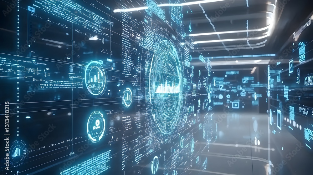 Futuristic Digital Data Stream Corridor Abstract Technology Background with glowing HUD interface Futuristic Digital Data Stream Corridor Abstract Technology Background with glowing HUD interface