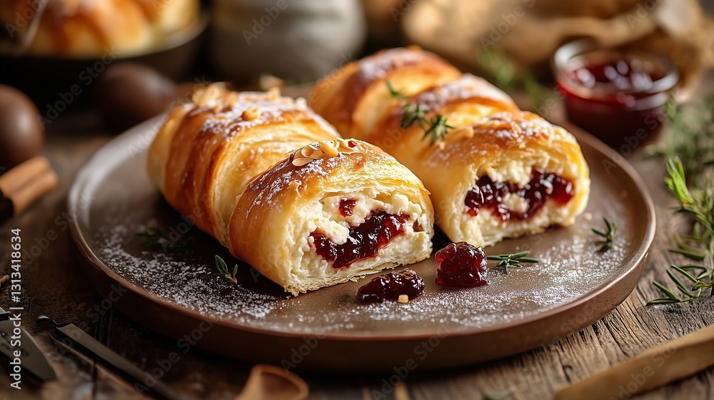 Rustic pastry rolls filled with cream and berry jam on a wooden table Rustic pastry rolls filled with cream and berry jam on a wooden table