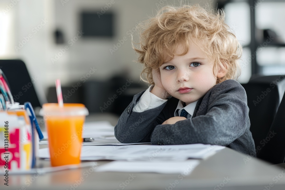 Cute Blonde Boy in Suit Resting at Office Desk with Juice and Papers Cute Blonde Boy in Suit Resting at Office Desk with Juice and Papers