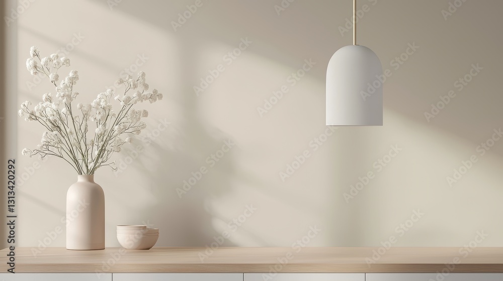 A warm and inviting kitchen with beige walls, white cabinets, brass hardware, and a wooden dining table illuminated by a pendant light. A warm and inviting kitchen with beige walls, white cabinets, brass hardware, and a wooden dining table illuminated by a pendant light.