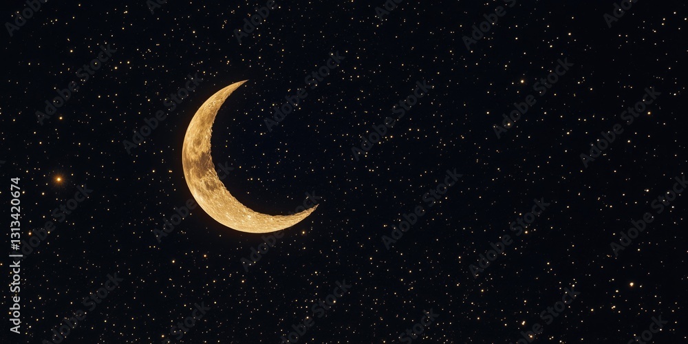 Naklejka premium The moon, half-lit against the star-studded night sky.