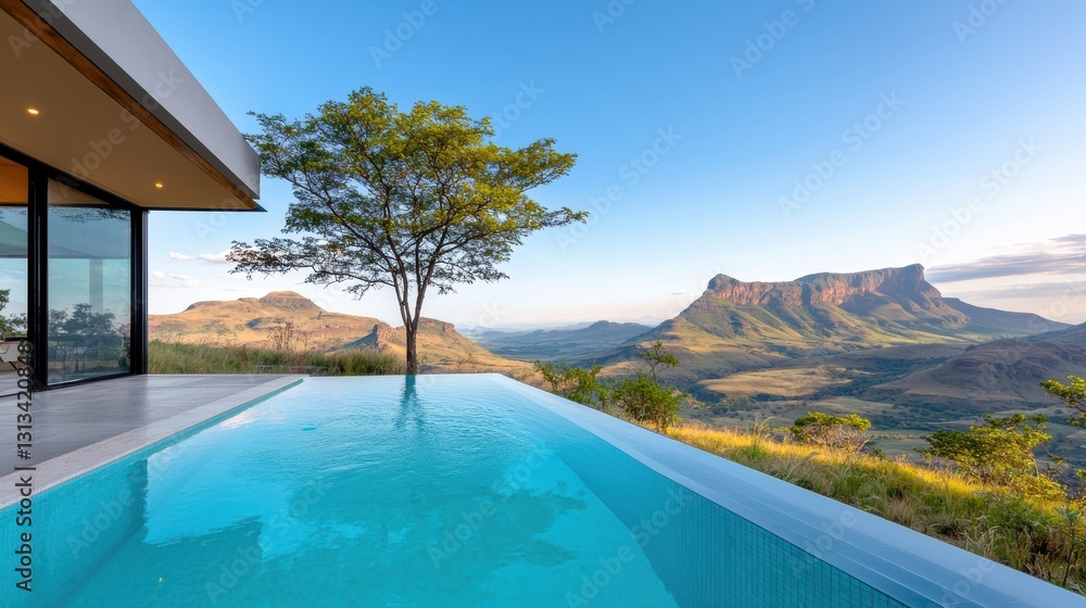 Fototapeta premium An infinity pool overlooking a valley, with a glass wall allowing for uninterrupted views of the natural landscape.