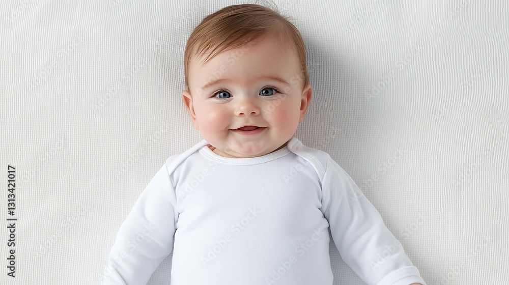 Naklejka premium Happy Baby in White Onesie on Gray and White Blanket