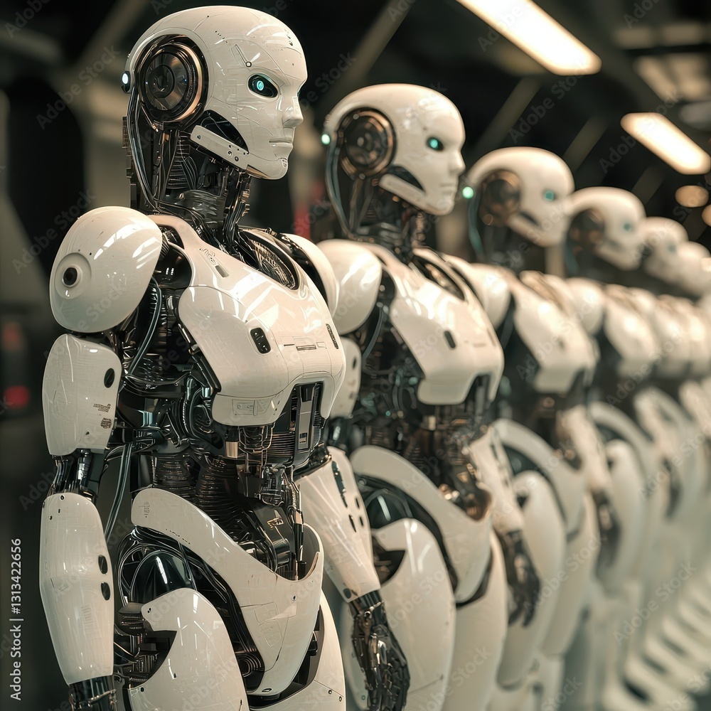 Fototapeta premium Line of Futuristic Robots with Sleek Design in Modern Environment