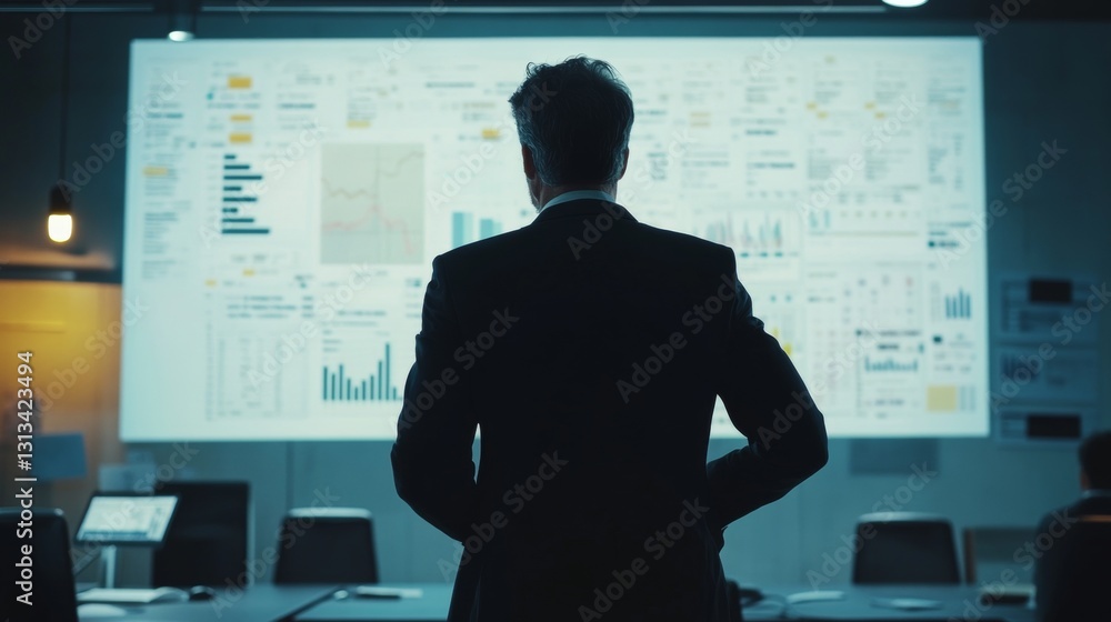 A man in a suit stands in front of a large monitor displaying a graph A man in a suit stands in front of a large monitor displaying a graph