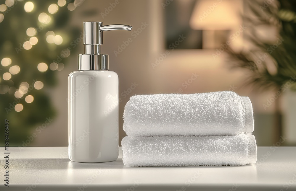 Elegant bathroom setting featuring a sleek white soap dispenser next to two fresh white towels, creating a soothing and stylish atmosphere for relaxation Elegant bathroom setting featuring a sleek white soap dispenser next to two fresh white towels, creating a soothing and stylish atmosphere for relaxation