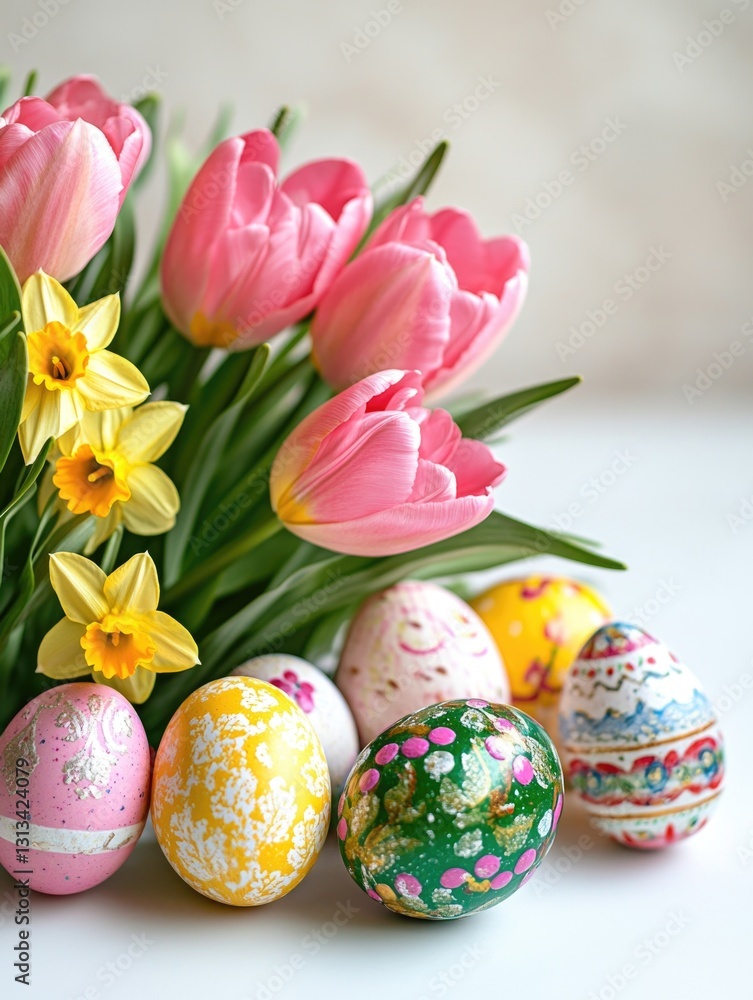 Fototapeta premium Colorful decorative Easter eggs and spring flowers arranged on table