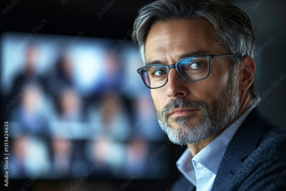 Confident Professional Man with Glasses Attending Virtual Meeting in Modern Office Setting Confident Professional Man with Glasses Attending Virtual Meeting in Modern Office Setting