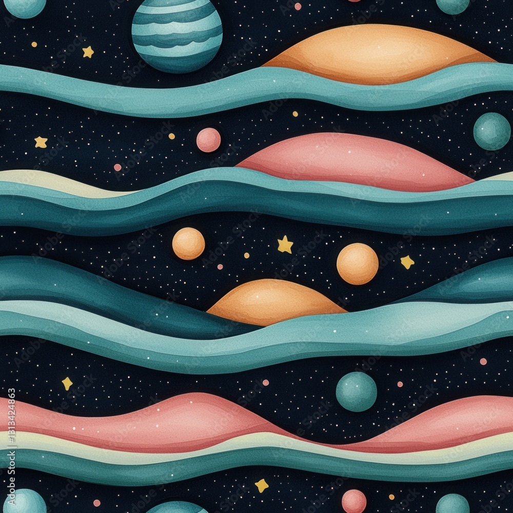 Obraz premium Captivating pattern of planets and stars set against a colorful background evoking a sense of cosmic wonder